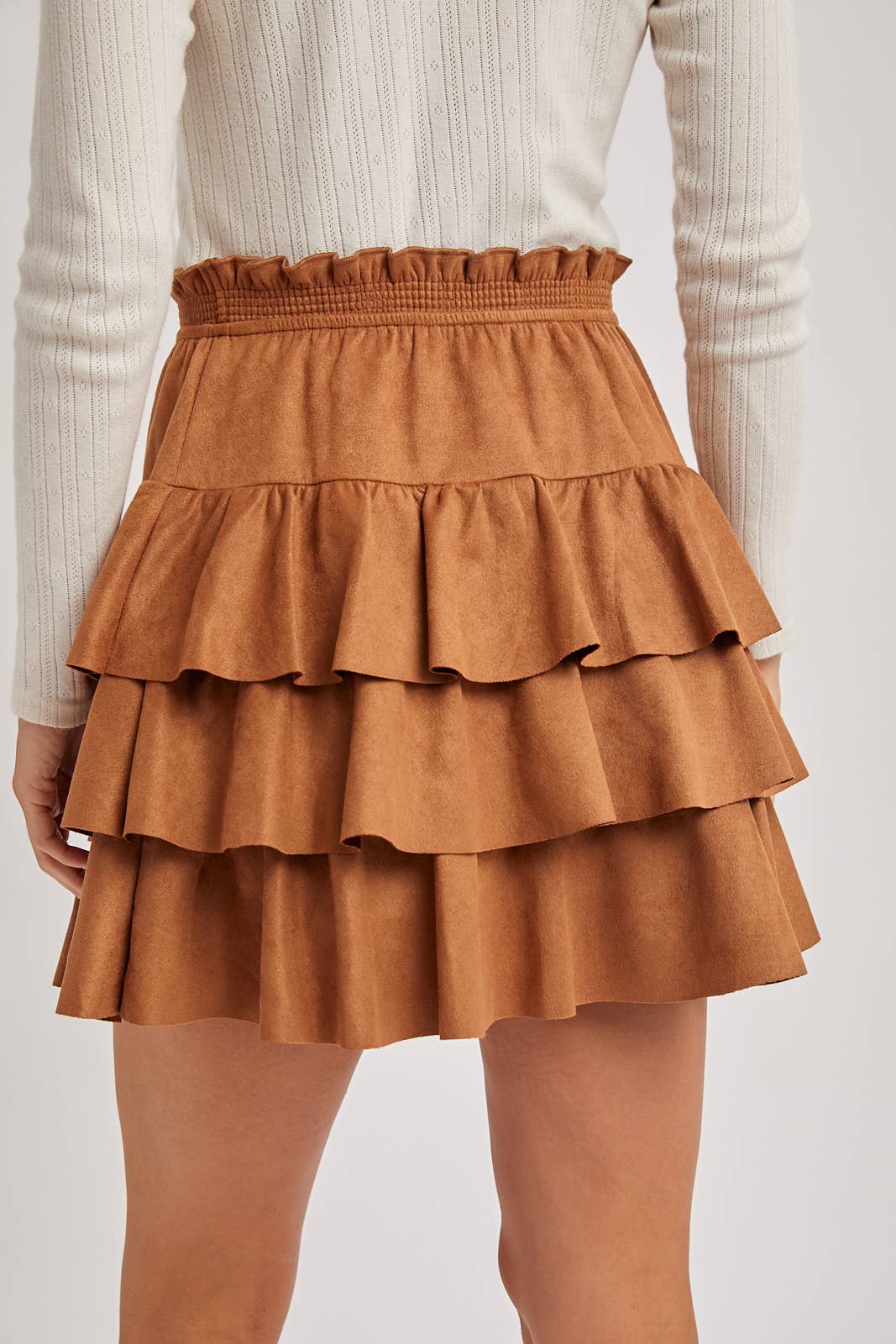 FAUX SUEDE TIERED RUFFLE PAPERBAG WAISTBAND MINI SKIRT