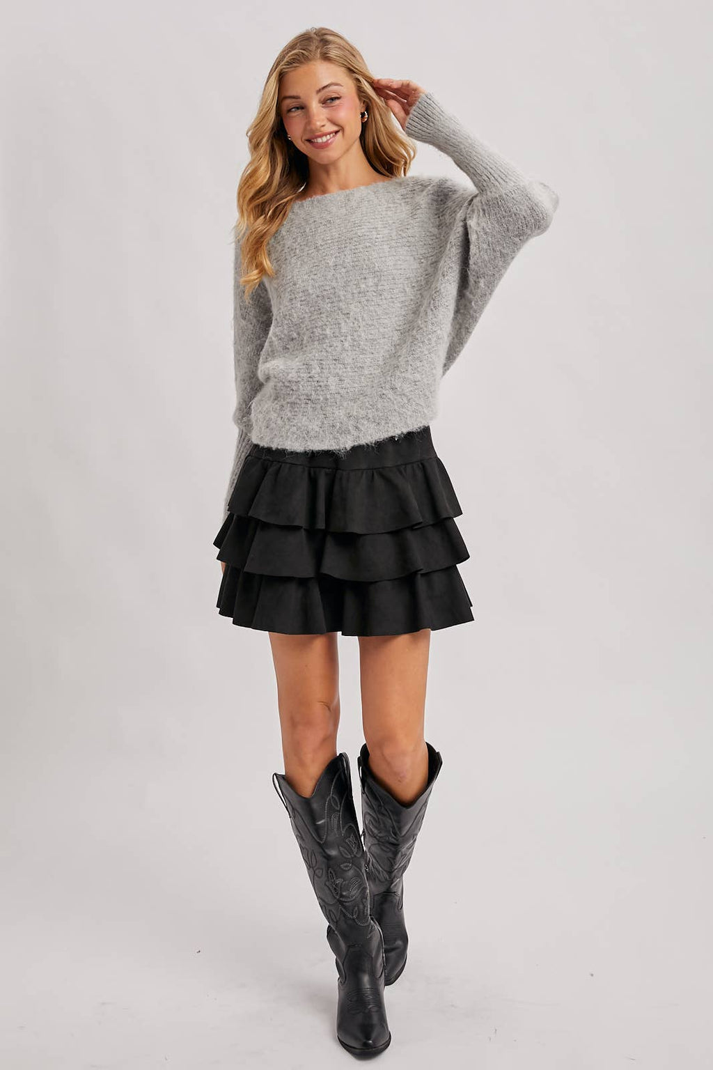 FAUX SUEDE TIERED RUFFLE PAPERBAG WAISTBAND MINI SKIRT, view 19