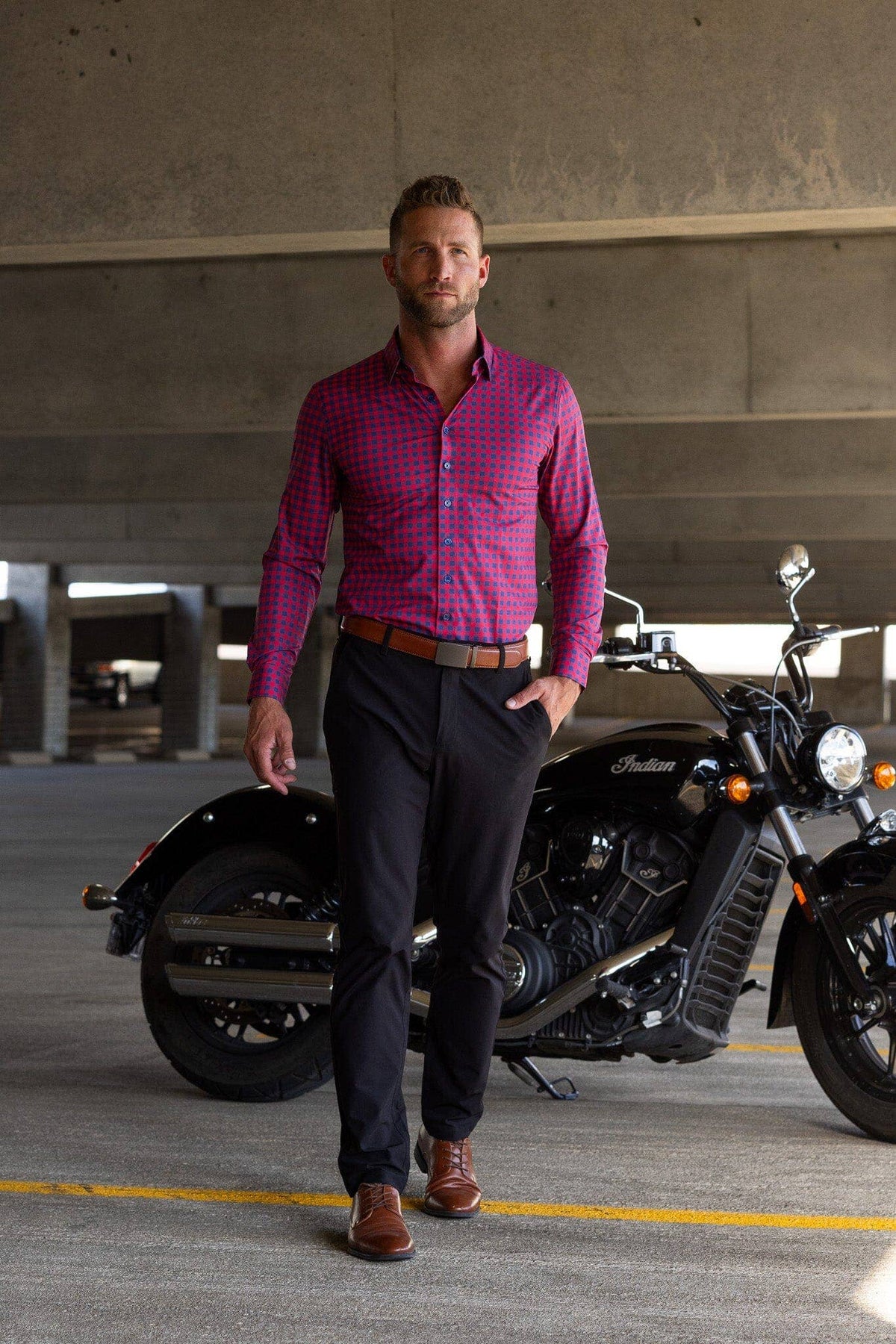 Hustle Sport Shirt - Long Sleeve - Red Navy Gingham, view 4