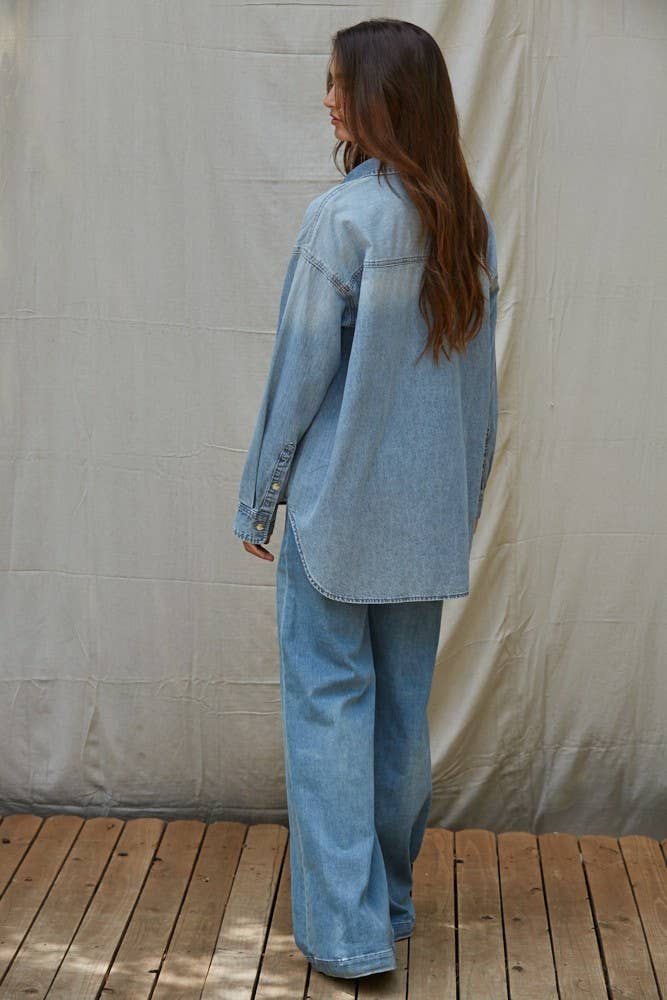 Woven Cotton Chambray Denim Button-Down Shirt, view 4