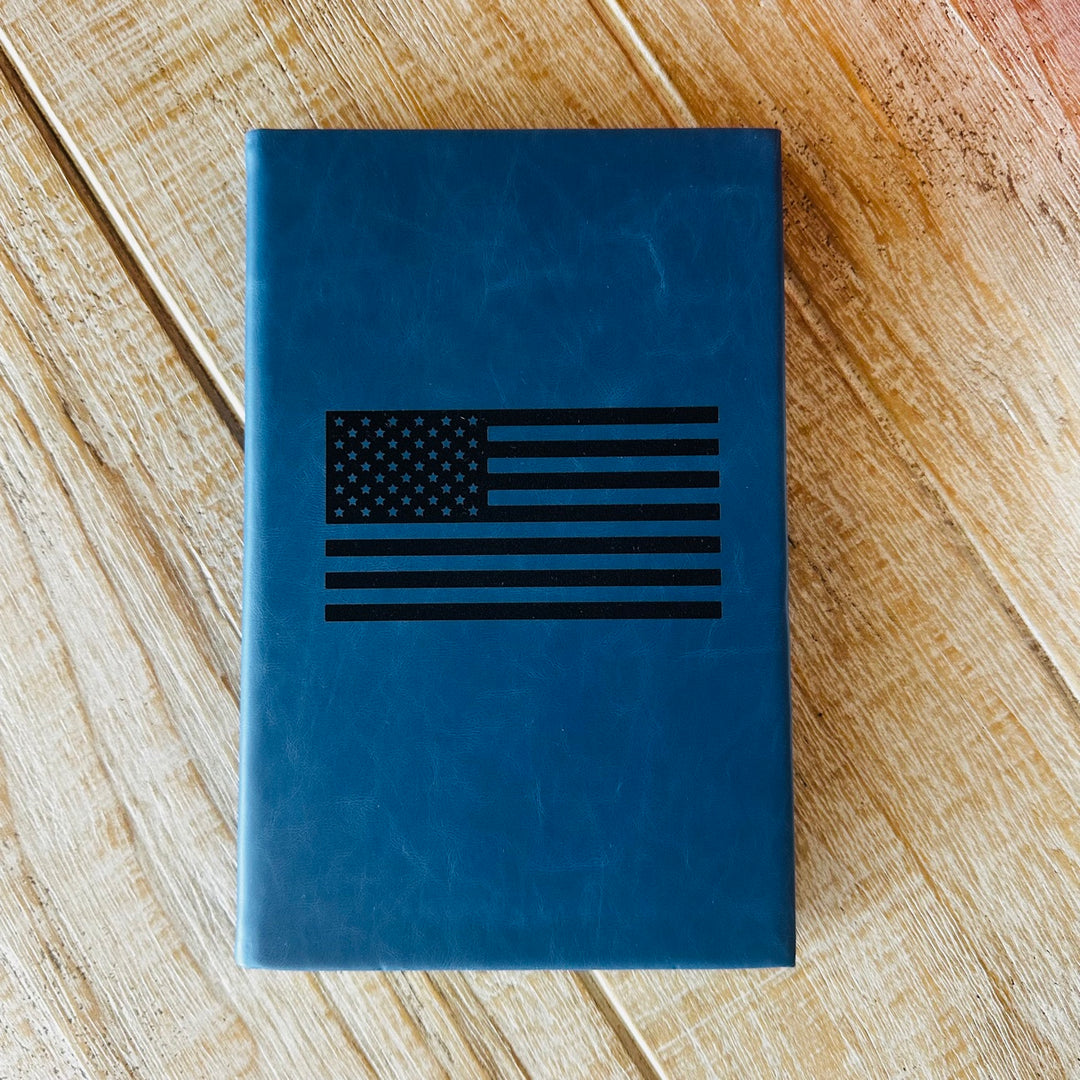 Navy blue leatherette journal with engraved American flag