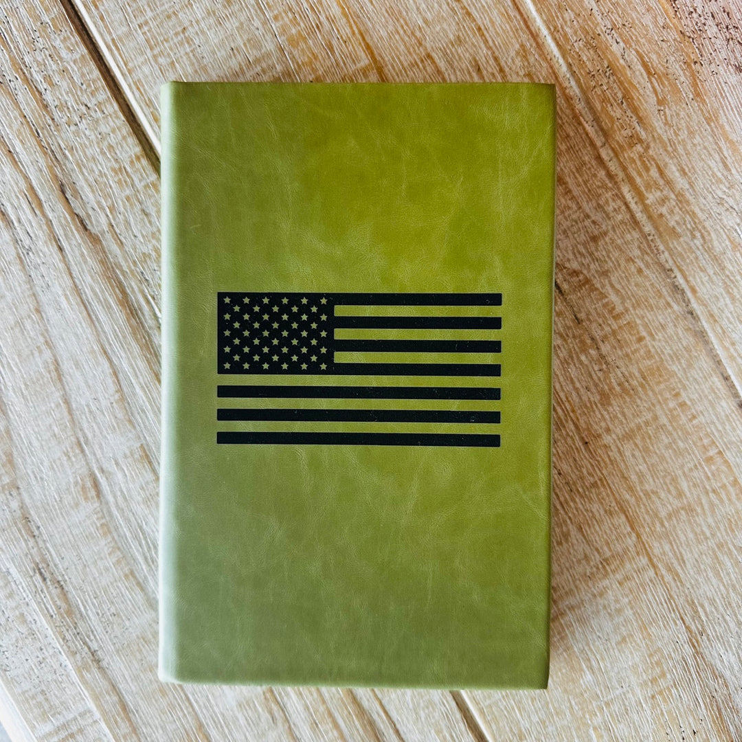 Olive green leatherette journal with engraved American flag