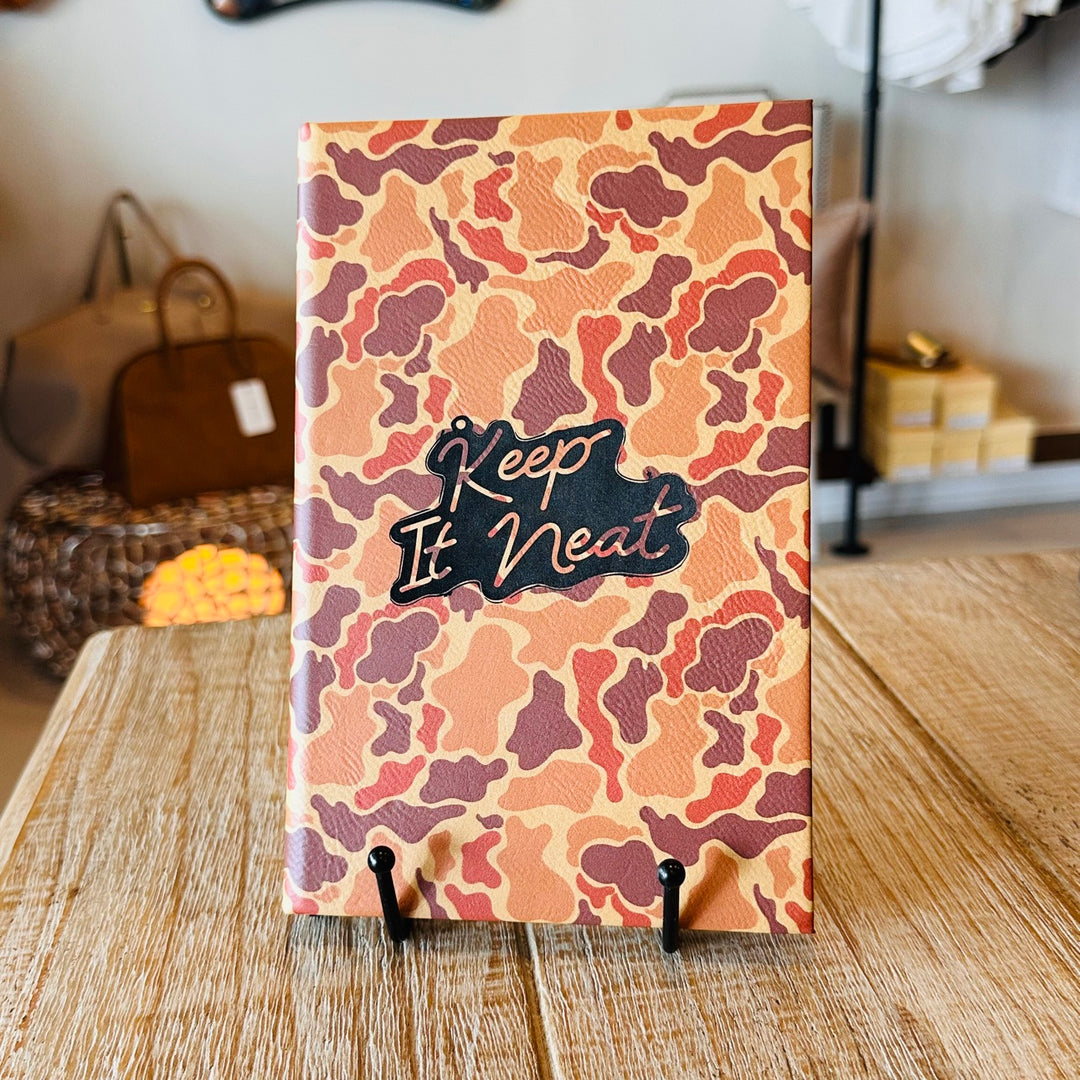 Orange camo journal with engraved Keep It Neat script
