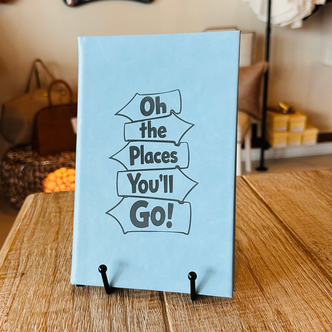 Light blue journal with engraved Oh the Places You&