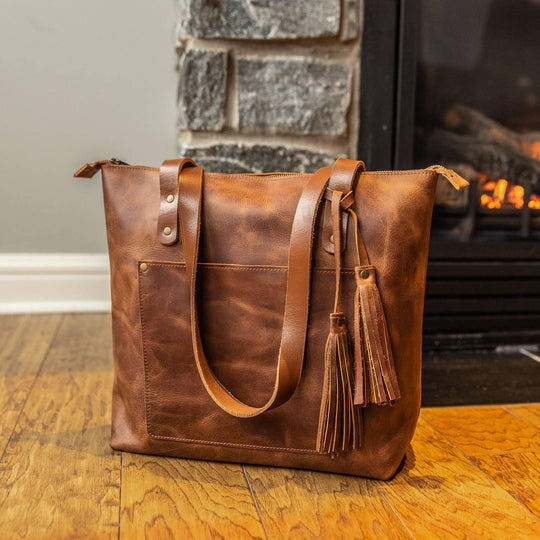 Leather Tote with Zipper - Medium / Saddle Brown - Rust & Refined