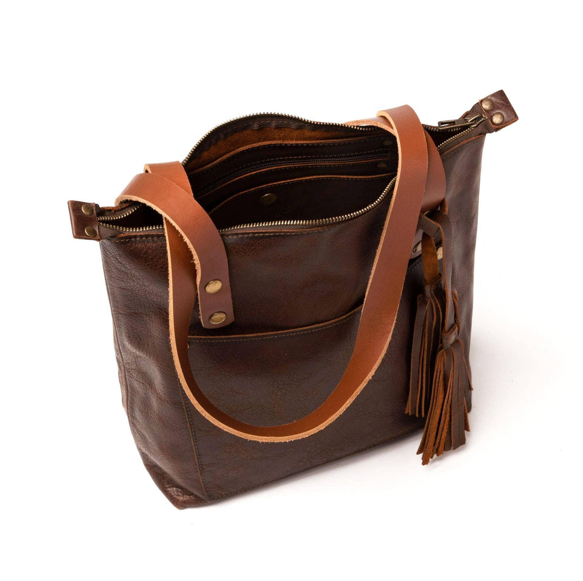 Leather Tote with Zipper - Medium / Saddle Brown - Rust & Refined