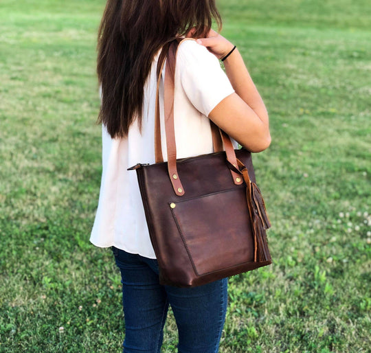 Leather Tote with Zipper - Medium / Saddle Brown - Rust & Refined