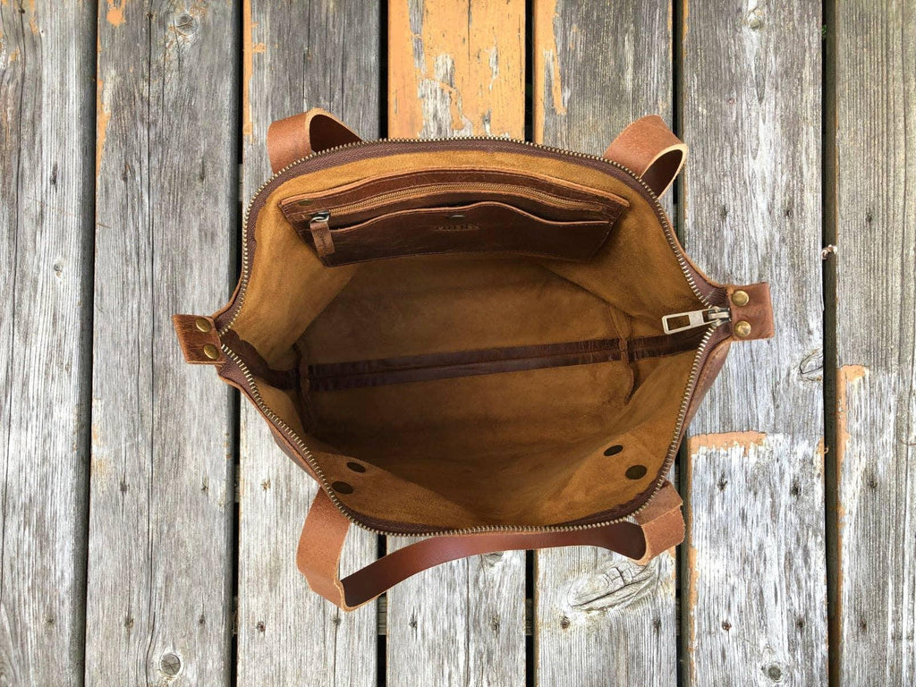 Leather Tote with Zipper - Medium / Saddle Brown - Rust & Refined