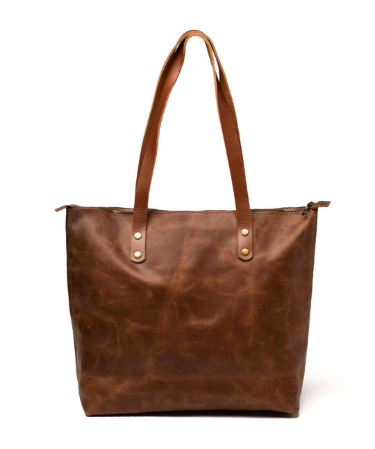 Leather Tote with Zipper - Medium / Saddle Brown - Rust & Refined