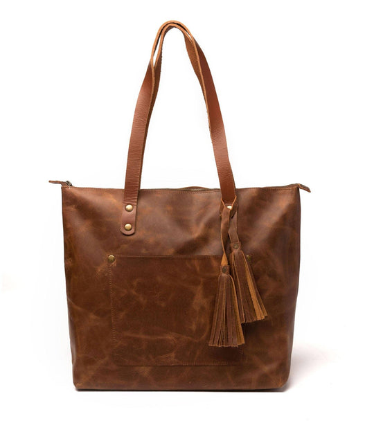 Leather Tote with Zipper - Medium / Saddle Brown - Rust & Refined