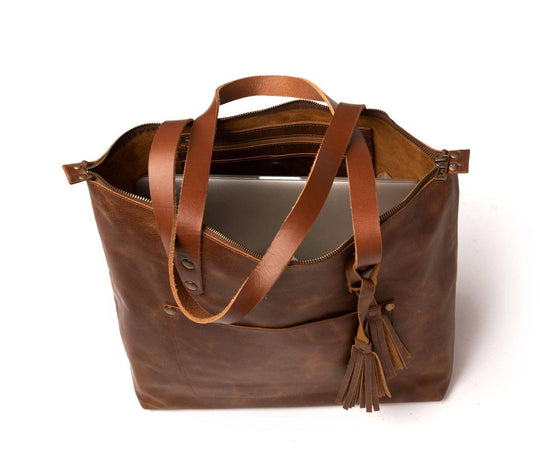 Leather Tote with Zipper - Medium / Saddle Brown - Rust & Refined