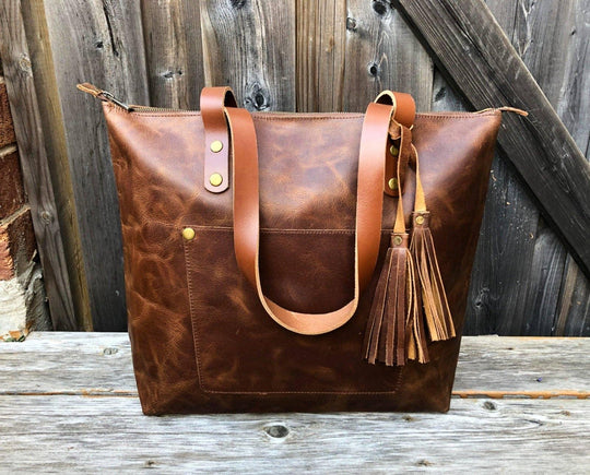 Leather Tote with Zipper - Medium / Saddle Brown - Rust & Refined