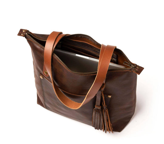 Leather Tote with Zipper - Medium / Saddle Brown - Rust & Refined