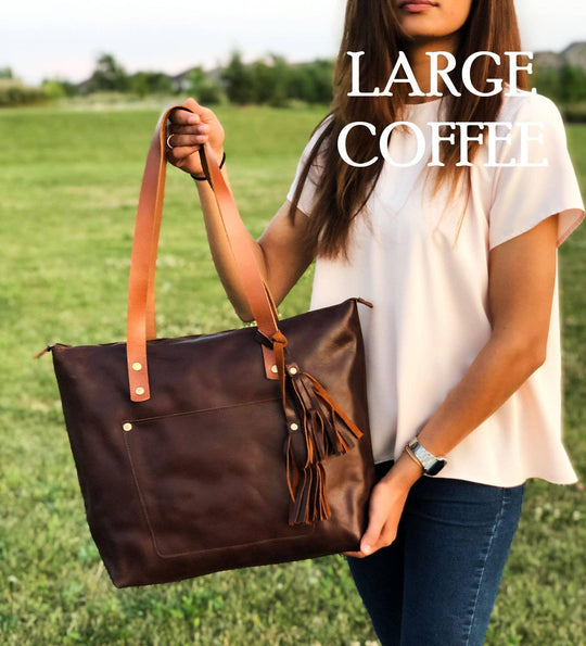 Leather Tote with Zipper - Medium / Saddle Brown - Rust & Refined