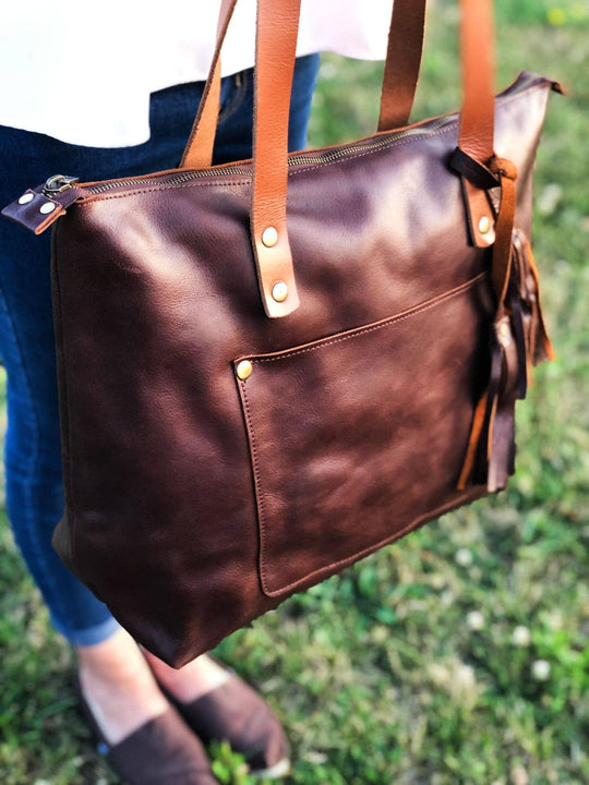 Leather Tote with Zipper - Medium / Saddle Brown - Rust & Refined