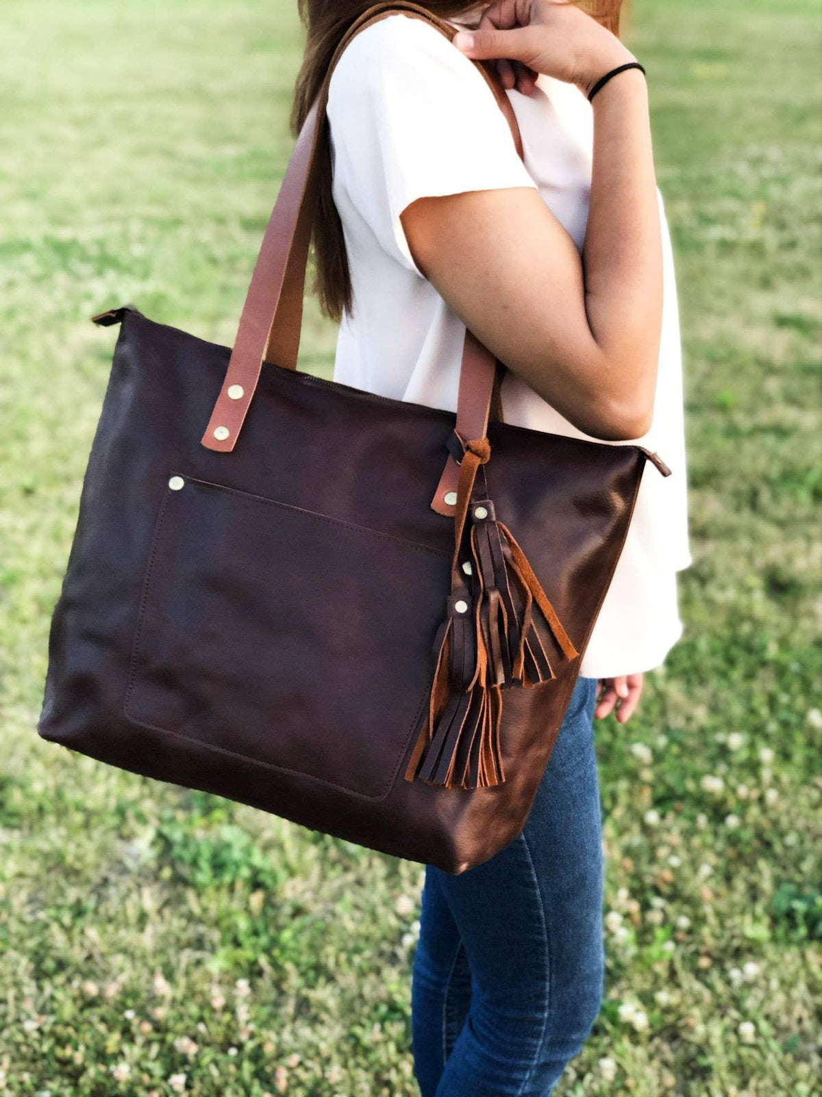 Leather Tote with Zipper - Medium / Saddle Brown - Rust & Refined