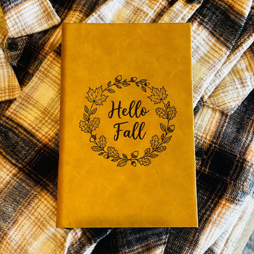 Hello Fall Journal in Mustard with engraved script and leaf wreath design