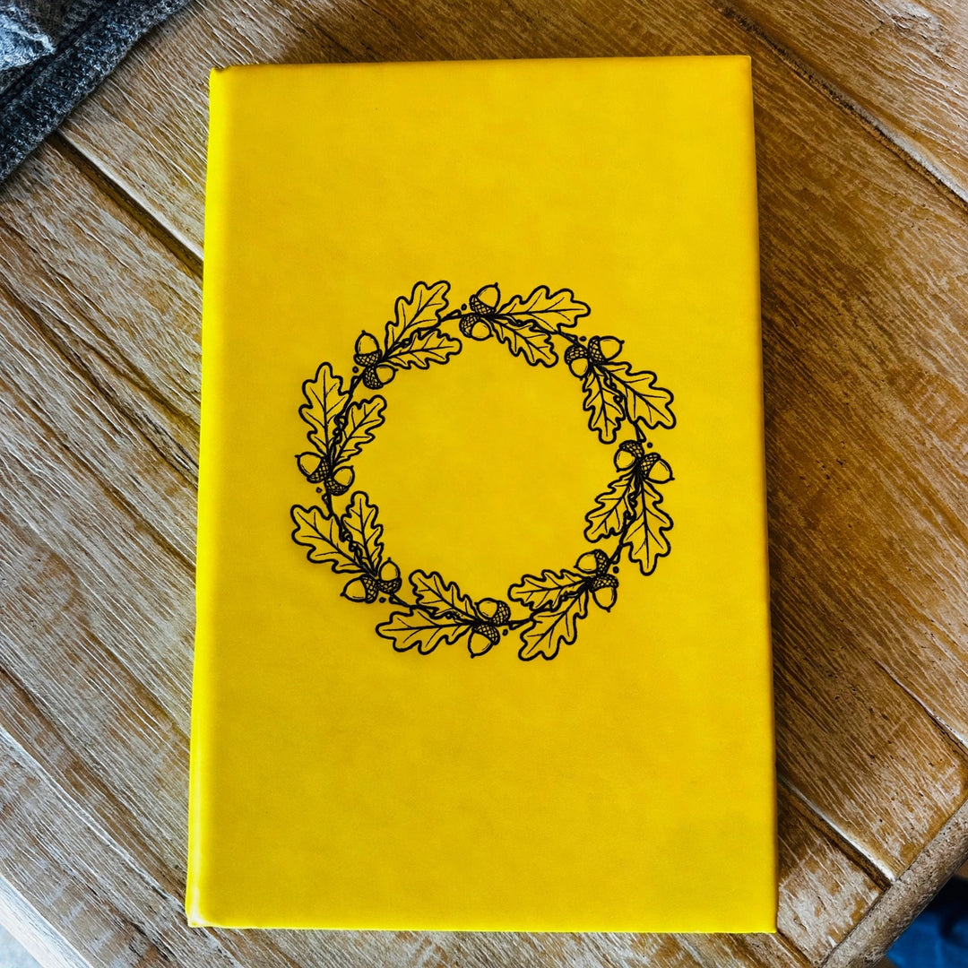 Acorn Wreath Journal in Yellow with engraved oak leaf and acorn wreath design