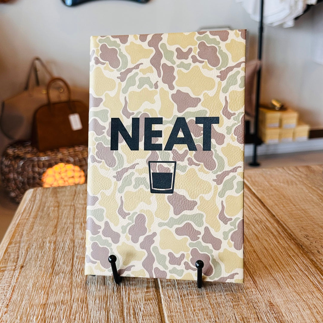 Camo journal with engraved NEAT text and whiskey glass