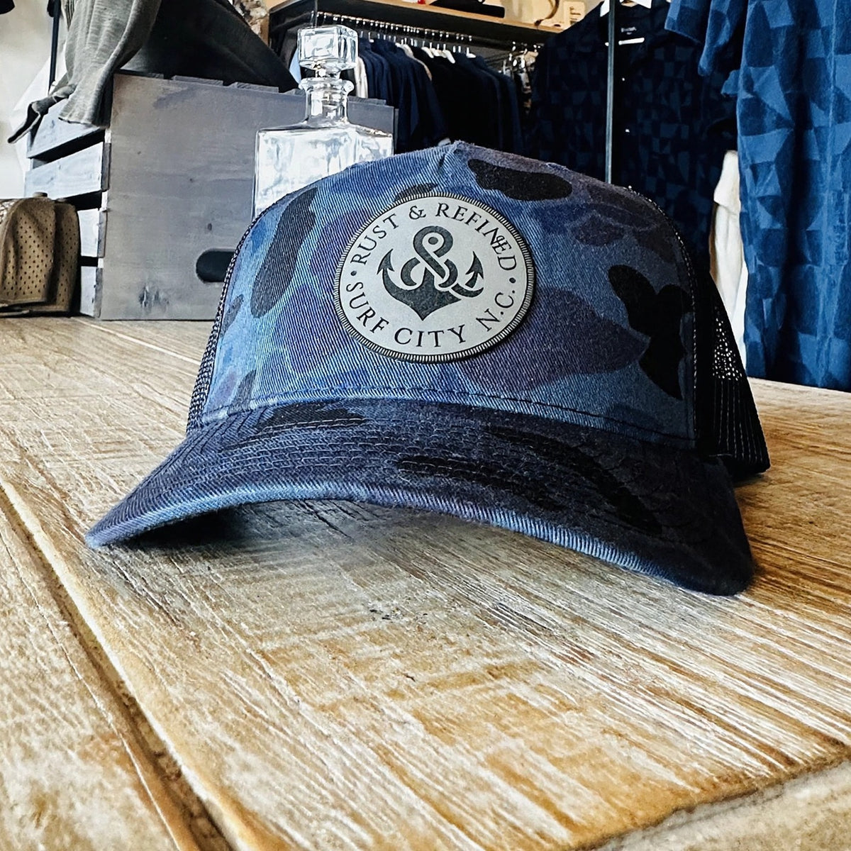 R&R Anchor Dark Blue Camo Trucker Hat at Rust & Refined in Surf City, NC