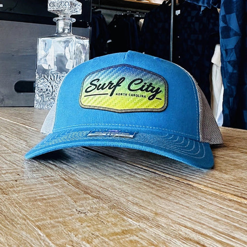 Surf City Script Trucker Hat - Blue/White at Rust & Refined in Surf City, NC
