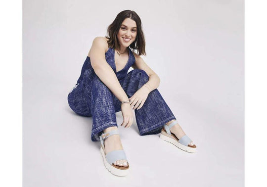 TOMS Diana Blue Denim Wedge Sandal - Rust & Refined