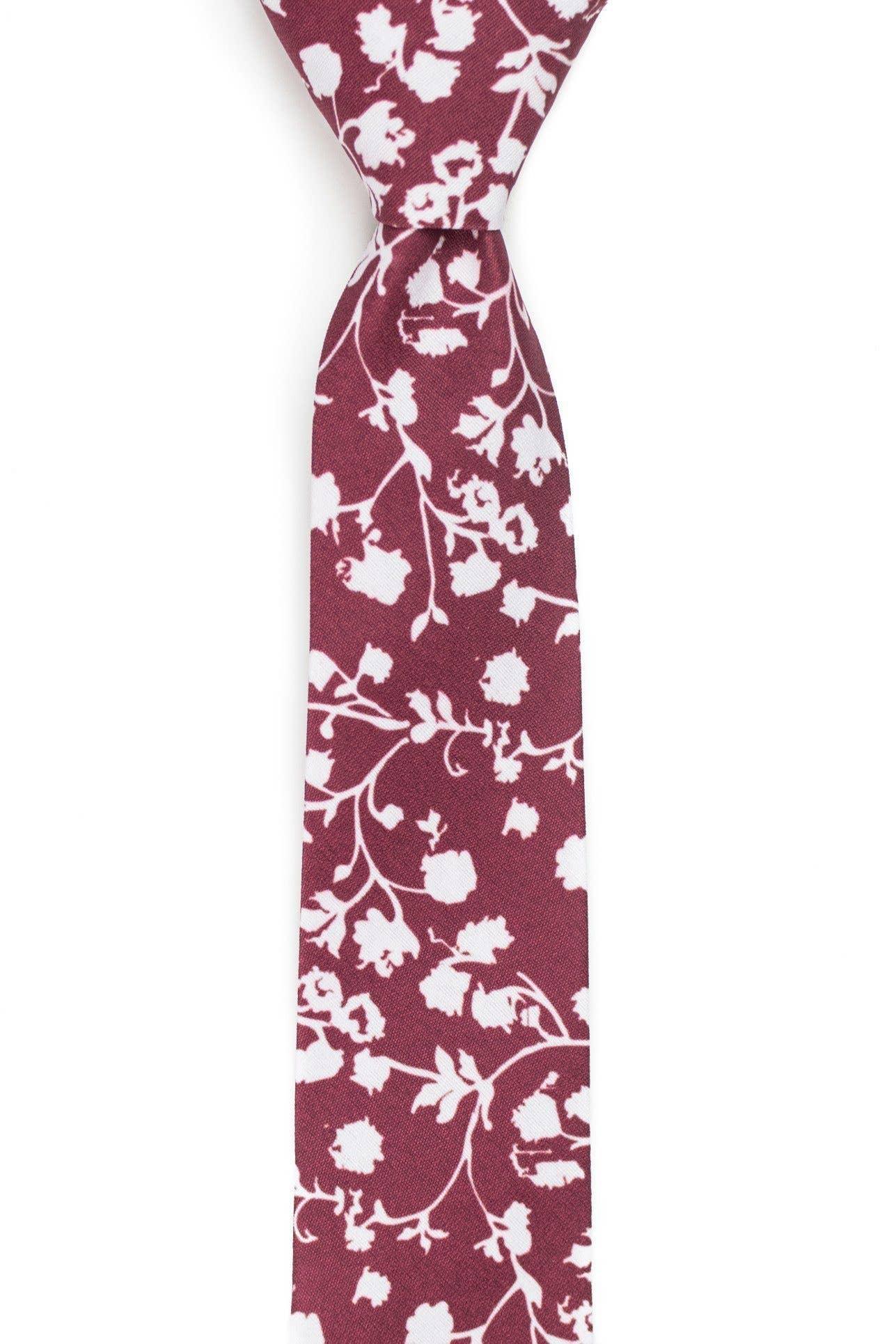 Tough Apparel - Burgunator - Ron Burgundy Red Floral Tie: 2.5" Slim/Skinny Tie - Rust & Refined