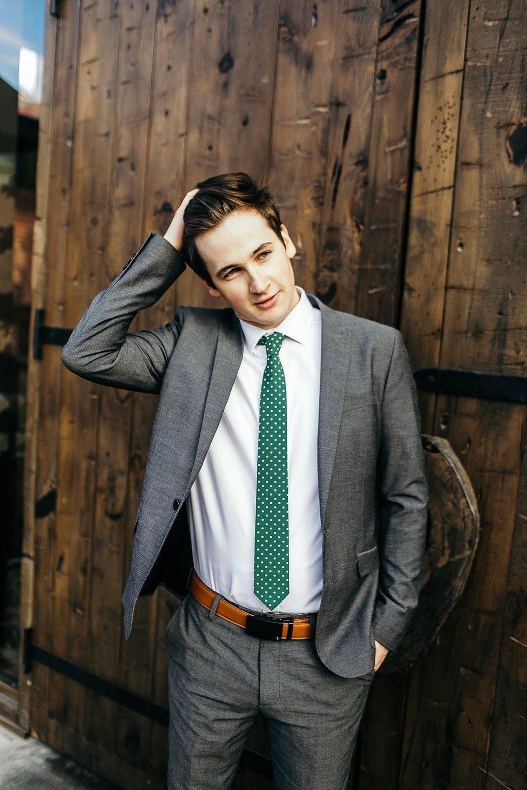 Tough Apparel Dublin Green Polka Dot Tie: 2.5" Slim/Skinny & 3.25" Standard - Scottish Sayings Included - Rust & Refined