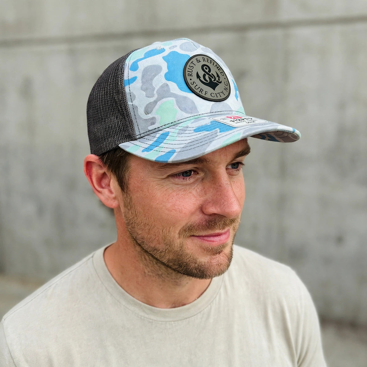 R&R Anchor Blue Camo Trucker Hat worn