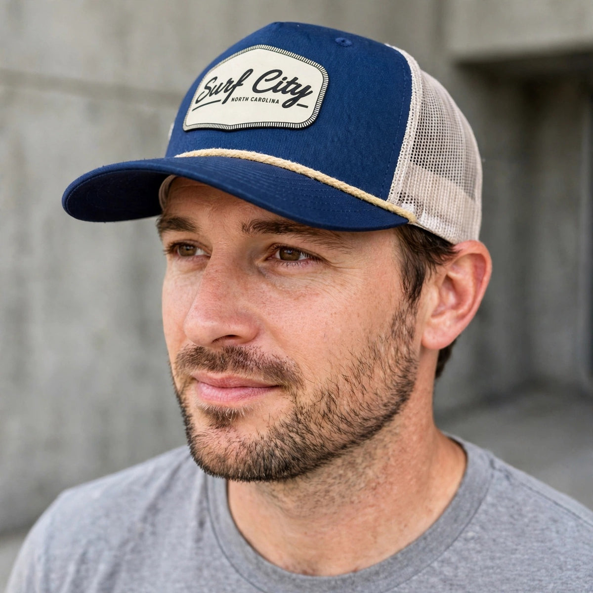 Surf City Rope Trucker Hat - Navy/Tan worn