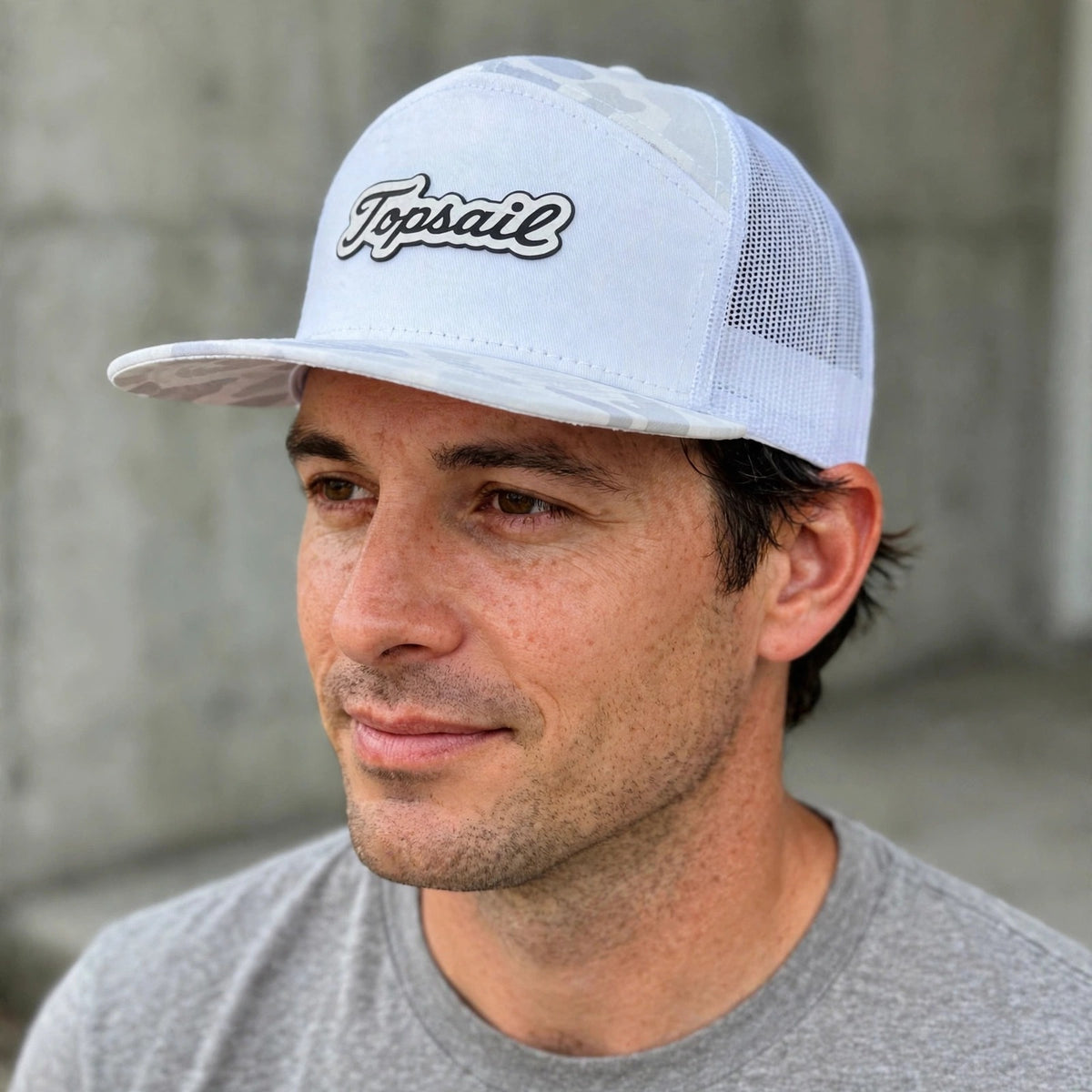 Topsail Script 7-Panel Hat - White Camo worn