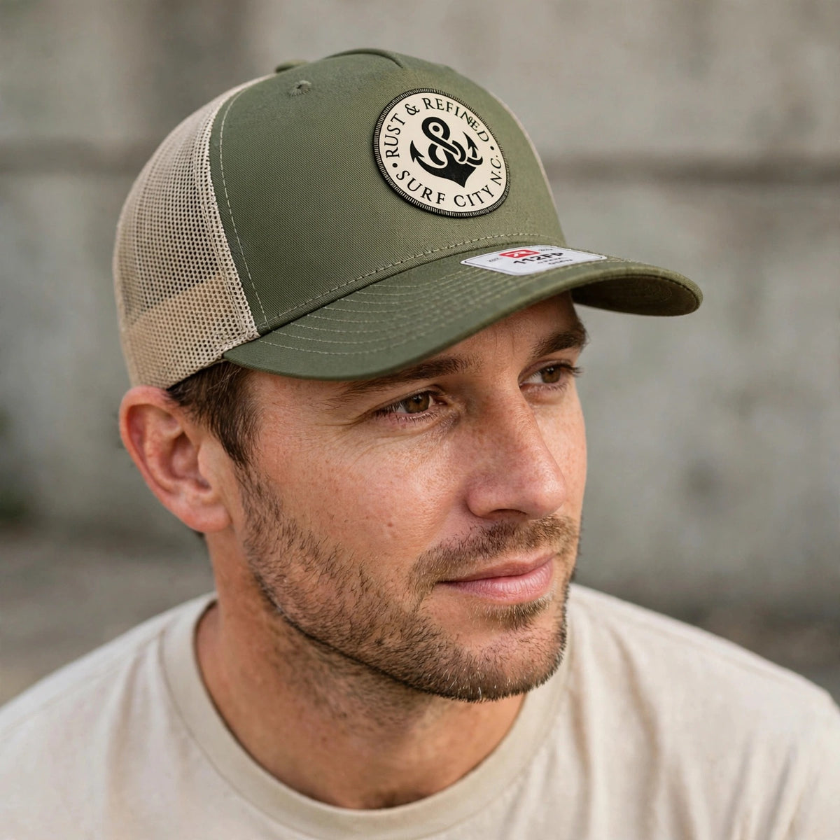R&R Anchor Olive Trucker Hat worn
