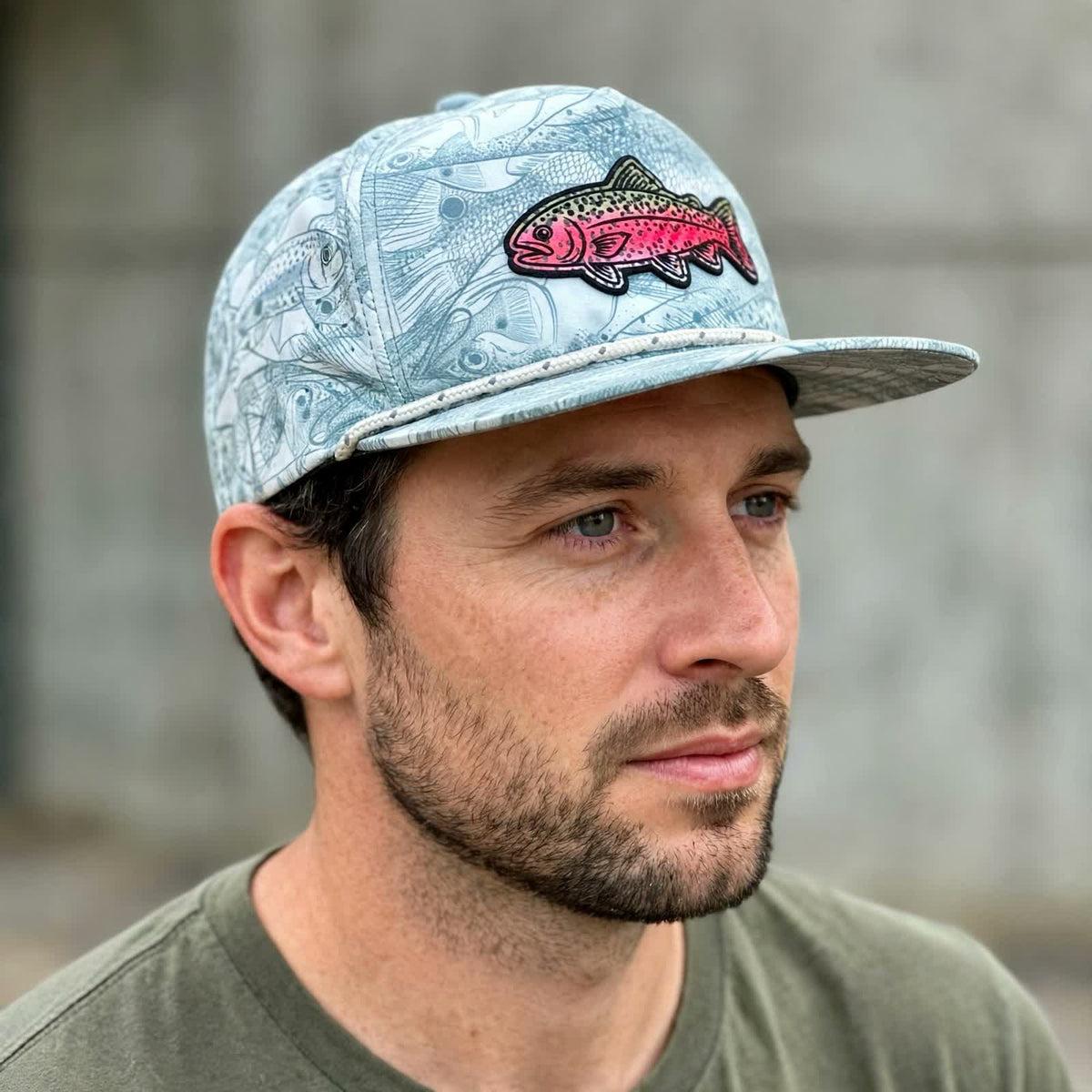 Marina Pro Perforated Snapback Hat - Rainbow Trout, worn