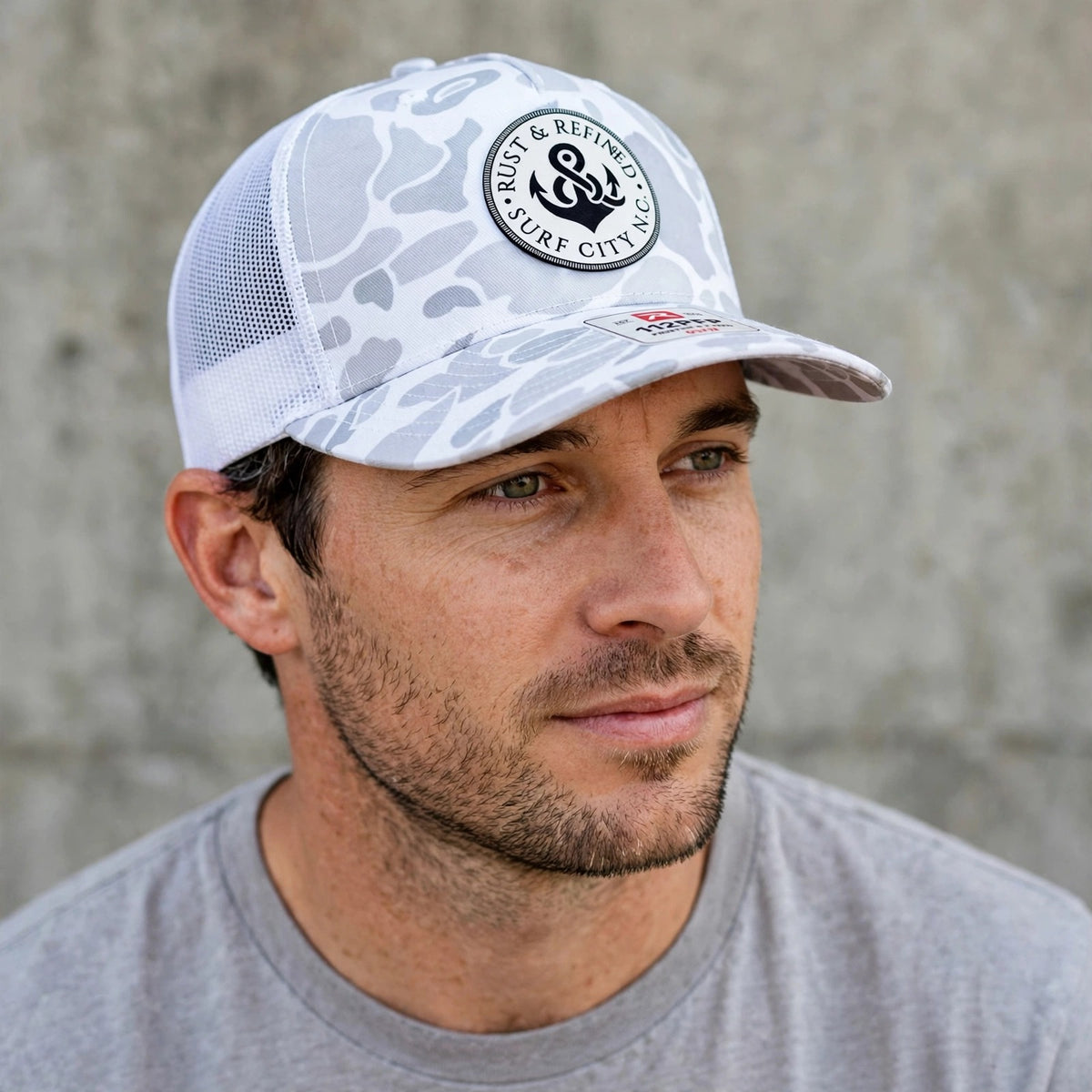R&R Anchor White Camo Trucker Hat worn
